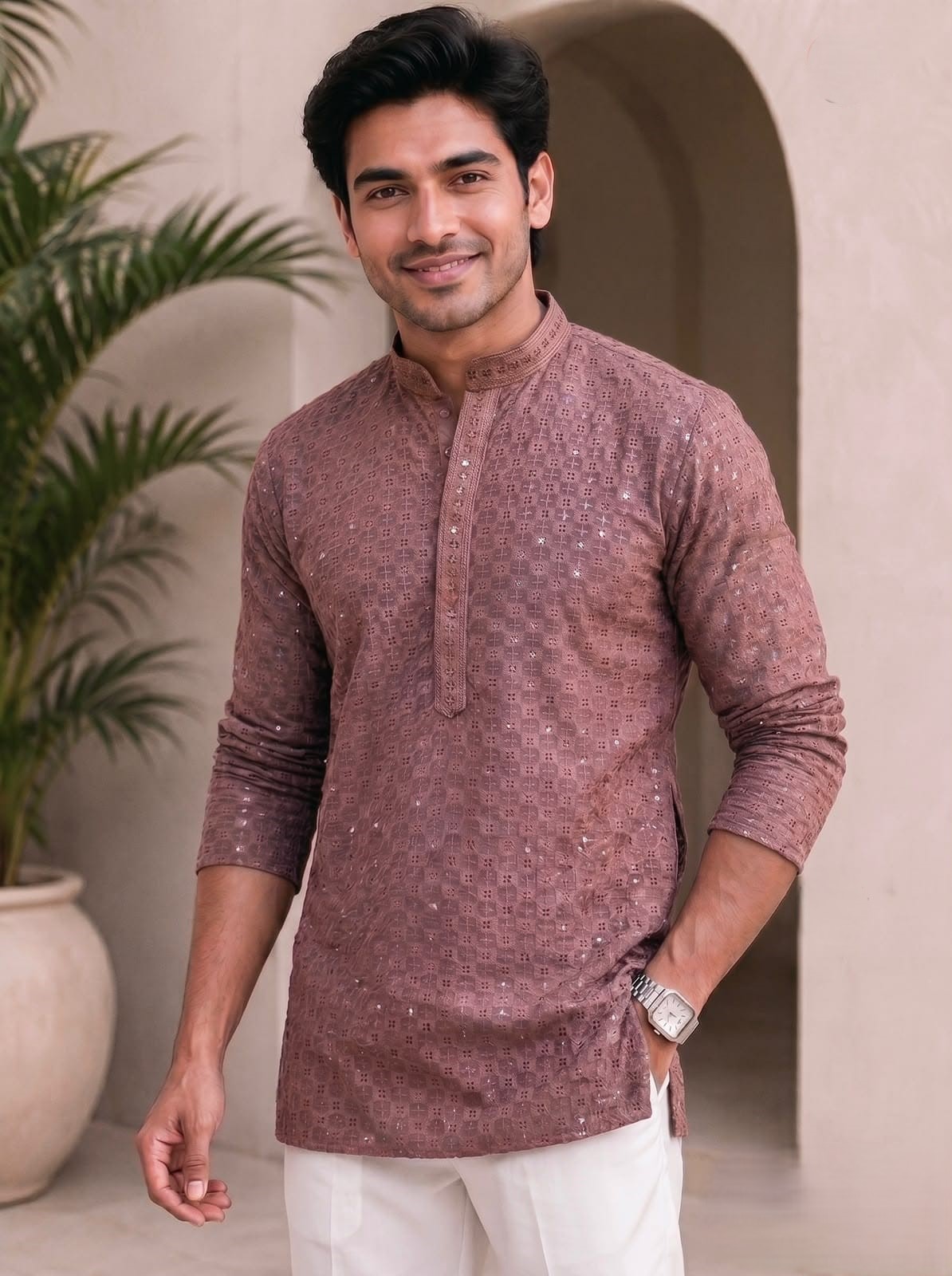 Stylish Chikan Work Fabric in  Full Sleeves Short kurta